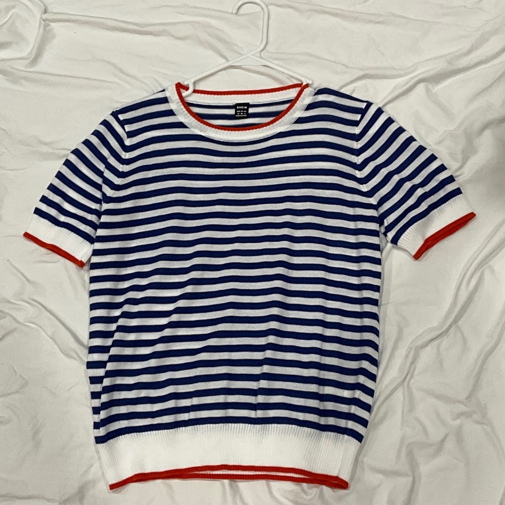 SHEIN Blue and White Striped Top with Red Accents